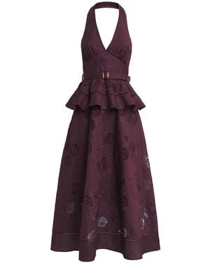 Self-Portrait Linen-Cotton Embroidered Midi Dress - Purple