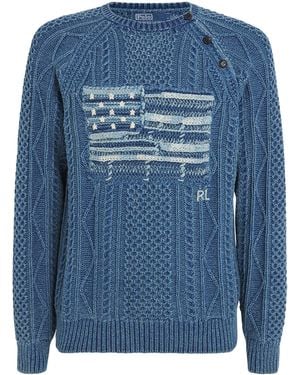 Polo Ralph Lauren Cotton Aran-Knit Flag Jumper - Blue