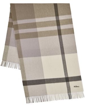 Mulberry Large Merino Wool Check Scarf - Grey