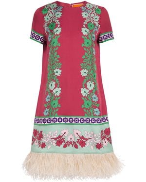 La DoubleJ Silk Ostrich Feather Mini Swing Dress - Red