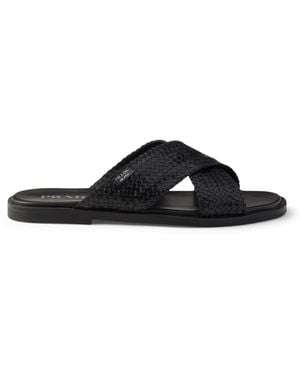 Prada Leather Woven Crisscross Sandals - Black