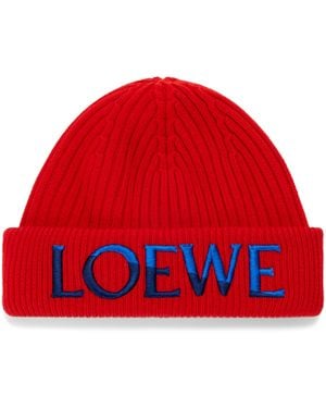 Loewe Wool Ribbed Logo Beanie - Red