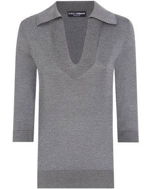 Dolce & Gabbana Silk Knitted Polo Top - Grey