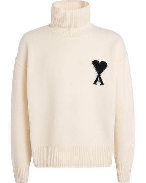 Ami Paris Virgin Wool Ami De Coeur Funnel-Neck Jumper - White