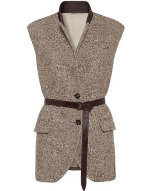 Brunello Cucinelli Virgin Wool-Silk Chevron Belted Vest - Grey