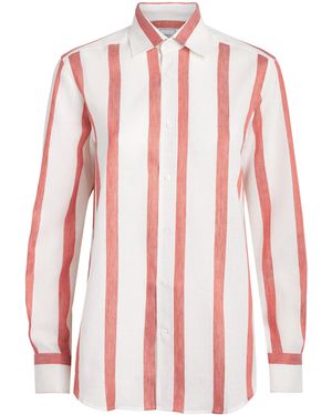 With Nothing Underneath Linen-Cotton Stripe The Boyfriend Shirt - Red
