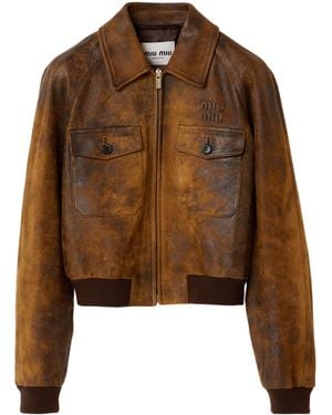 Miu Miu Waxed Suede Leather Jacket - Brown