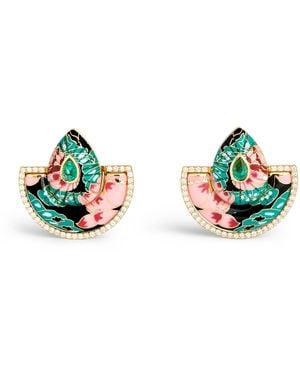 L'Atelier Nawbar And Diamond Chinoiserie Bond Fan Earrings - Green