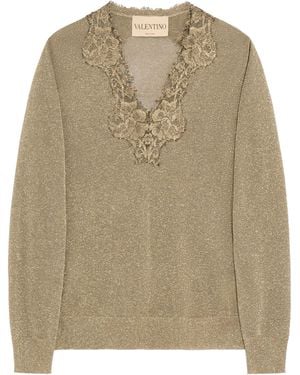 Valentino Lace-Trim V-Neck Jumper - Natural