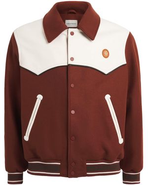 Drole de Monsieur Virgin Wool-Blend Leather Yoke Bomber Jacket - Red