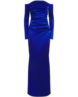 Talbot Runhof Stretch-Satin Gathered Column Gown - Blue