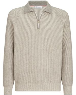 Brunello Cucinelli Cashmere Ribbed Quarter-Zip Jumper - White