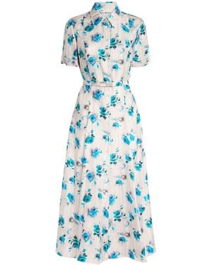 Tory Burch Silk Floral Midi Shirt Dress - Blue