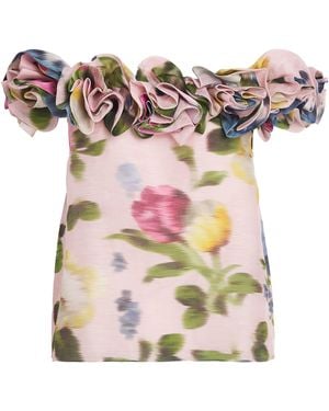 Carolina Herrera Linen-Silk Floral Off-The-Shoulder Top - Pink