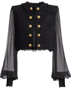 Balmain Tweed Muslin-Sleeve Blouse - Black