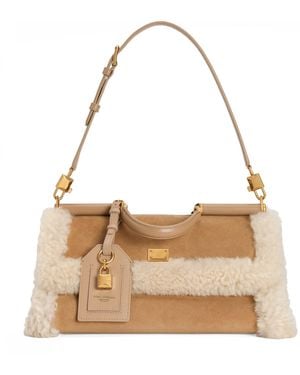 Dolce & Gabbana Calfskin Fur-Trim My Sicily Top-Handle Bag - Metallic