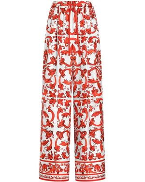 Dolce & Gabbana Silk Majolica Wide-Leg Pants - Red