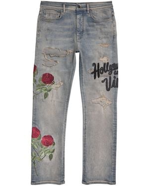 Amiri Floral Sequin Distressed Slim Jeans - Gray