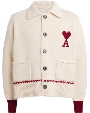Ami Paris Wool-Blend Whipstitch Polo Cardigan - Natural
