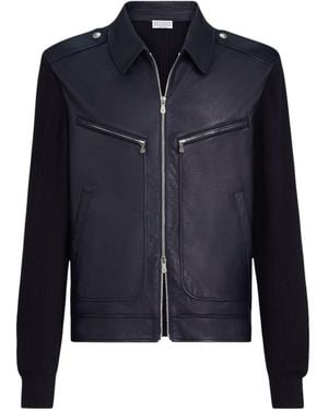 Brunello Cucinelli Knitted Leather Jacket - Blue