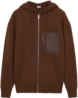 Loewe Wool-Blend Leather-Pocket Hoodie - Brown