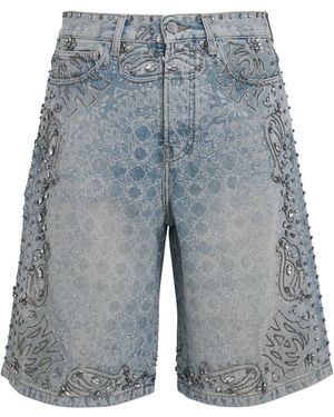 Amiri Crystal-Trim Bandana Denim Shorts - Blue