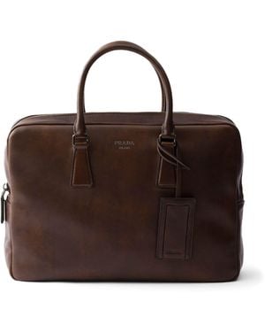 Prada Leather Logo Briefcase - Brown