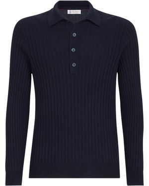 Brunello Cucinelli Cashmere Rib Polo Sweater - Blue
