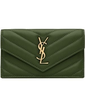 Saint Laurent Leather Cassandre Fragments Flap Card Holder - Green