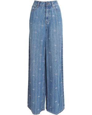 Self-Portrait Rhinestone Stripe Wide-Leg Jeans - Blue