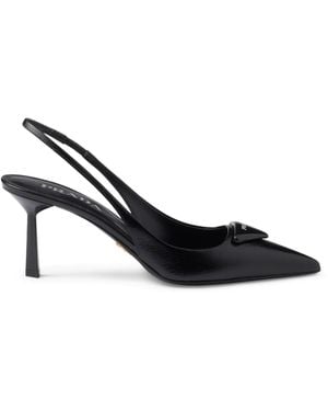 Prada Brand-plaque Slingback Heeled Brushed-leather Court Shoes - Black