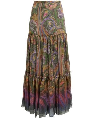 Etro Silk Paisley Tiered Maxi Skirt - Green