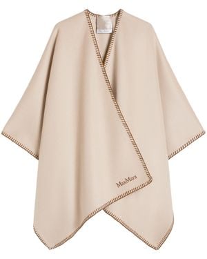 Max Mara Virgin Wool Logo Cape And Belt - Natural