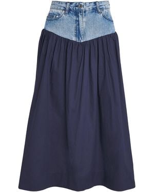 Sandro Denim-Poplin Hybrid Midi Skirt - Blue