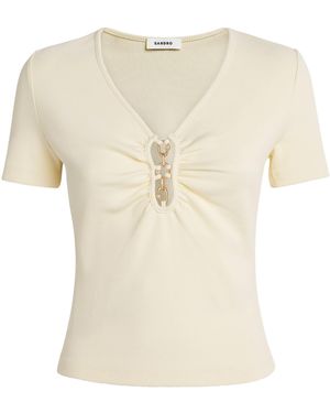 Sandro Stretch-Cotton Ruched-Detail T-Shirt - Natural