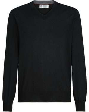 Brunello Cucinelli Cashmere-Silk V-Neck Jumper - Black