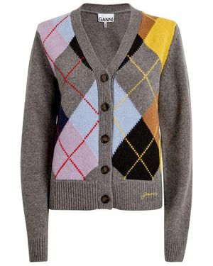 Ganni Harlequin Wool Mix Knit Cardigan - Grey