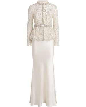 Self-Portrait Satin Sequin-Embellished Gown - White