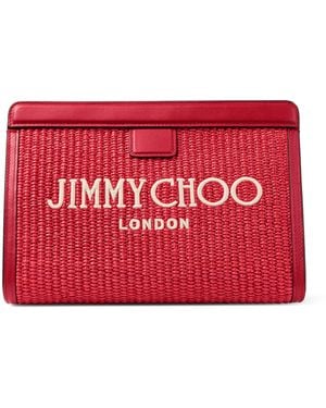 Jimmy Choo Raffia Leather-Trim Avenue Pouch - Red