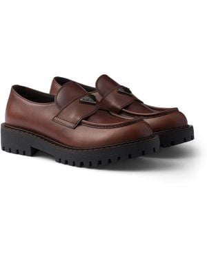 Prada Brushed Leather Loafers - Brown