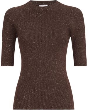 Brunello Cucinelli Cashmere Sparkling Short-Sleeve Jumper - Brown