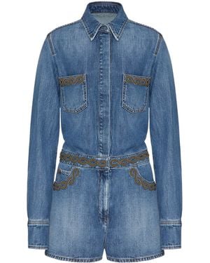 Valentino Garavani Denim Embroidered Playsuit - Blue