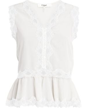 Chloé Silk Crepe De Chine Lace Peplum Top - White