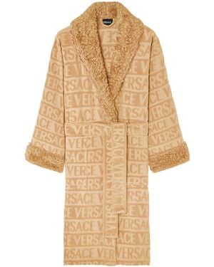 Versace Faux Fur-Trim Monogram Robe - Natural