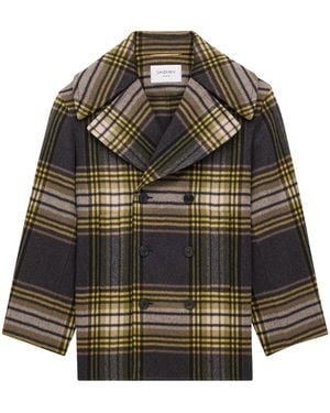 Saint Laurent Virgin Wool Check Pea Coat - Grey