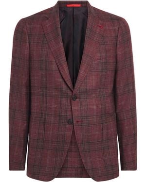 Isaia Wool-Cashmere-Silk Check Capri Blazer - Purple