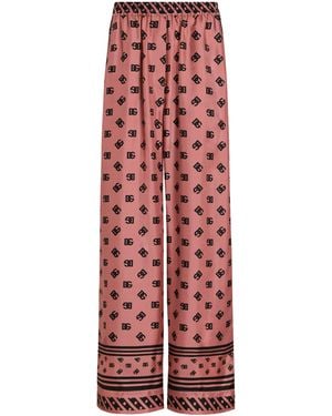Dolce & Gabbana Silk Logo Print Wide-Leg Trousers - Red