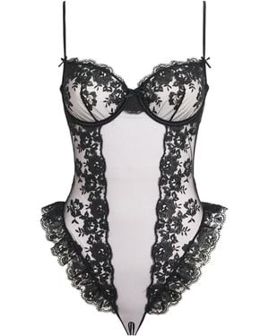 Skims Lace Demi Crotchless Teddy - Black