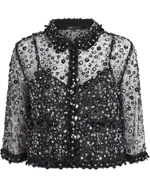 Maje Sheer Rhinestone Polo Top - Black