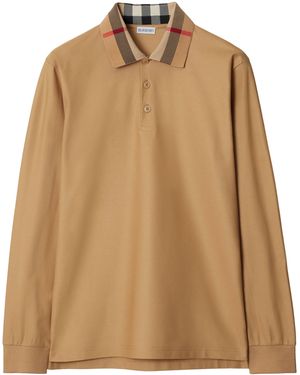 Burberry Cotton Check-Collar Long-Sleeve Polo Shirt - Natural